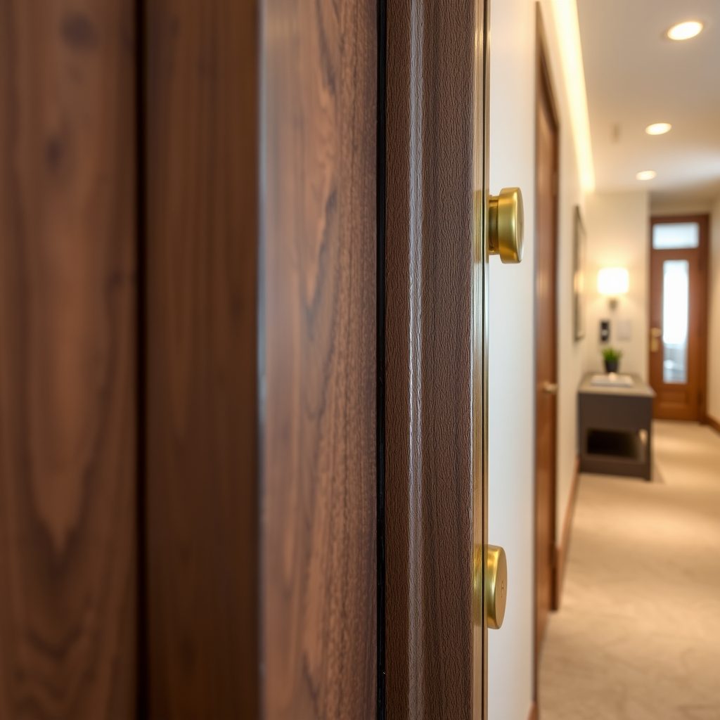Canto de una puerta de nogal de hotel con una reparación de chapa invisible y herraje de latón