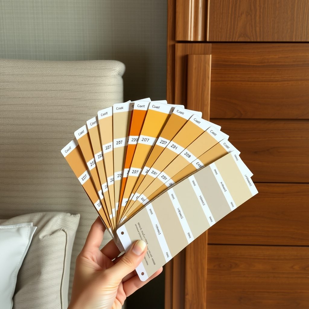 Carta de colors oberta al costat del teixit d’un capçal i la fusta de noguera d’una habitació d’hotel