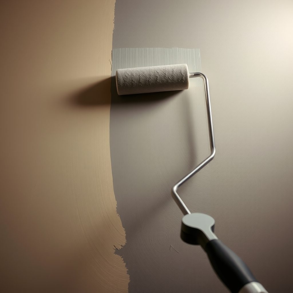 Primer pla d’un corró aplicant pintura a l’aigua mat sobre una paret d’hotel