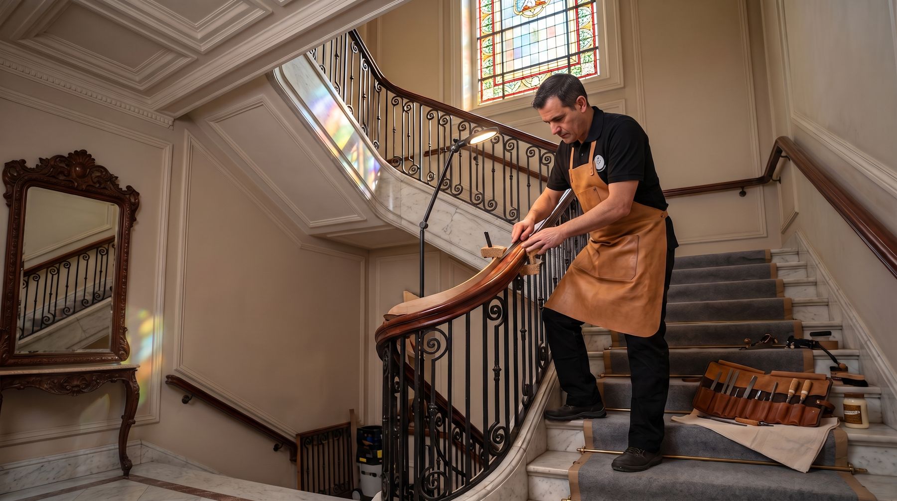 Ebanista de Dyserco restaurando el pasamanos curvo de madera de la escalera noble de un hotel