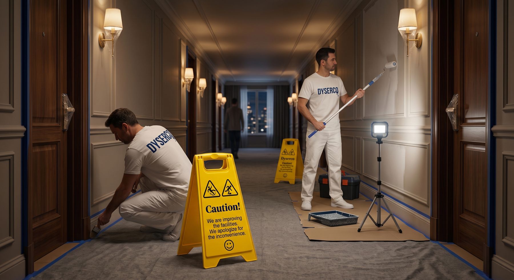 Dos pintors de Dyserco pintant de nit un passadís d’hotel amb les portes protegides i el senyal groc