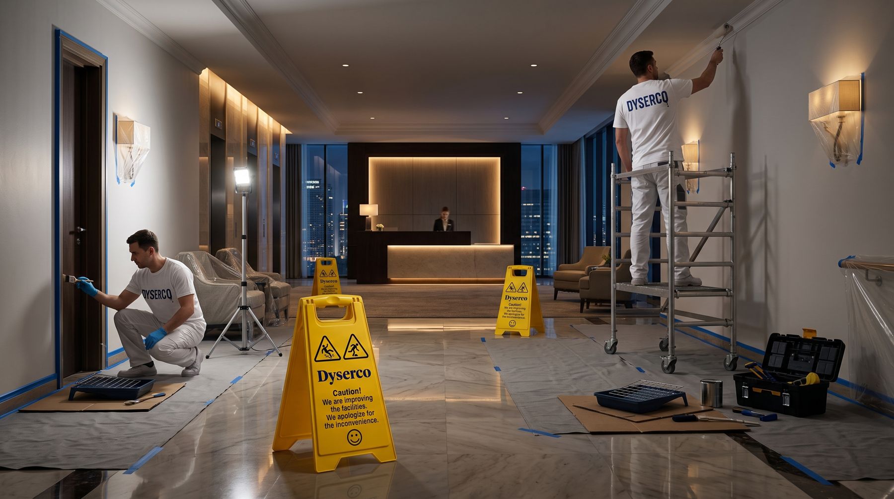 Dyserco-ren pintoreak hotel bateko atondoa gauez pintatzen