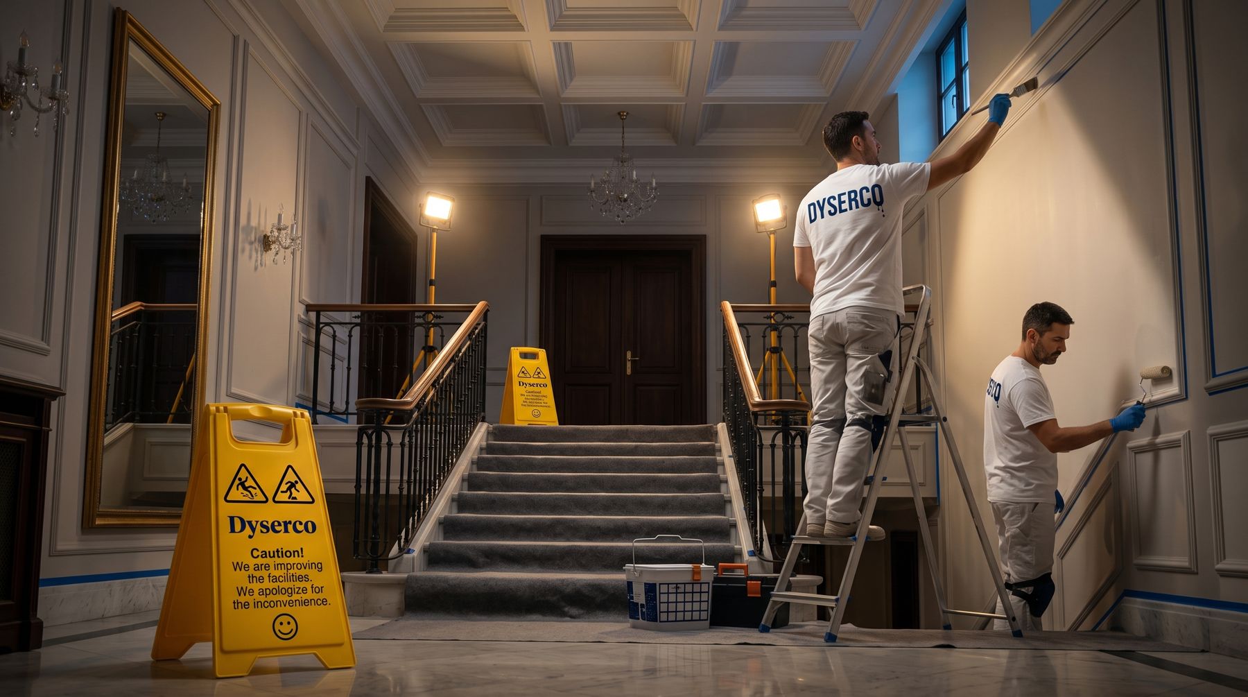 Pintors de Dyserco a l’escala noble d’un hotel, amb la barana i la moqueta protegides