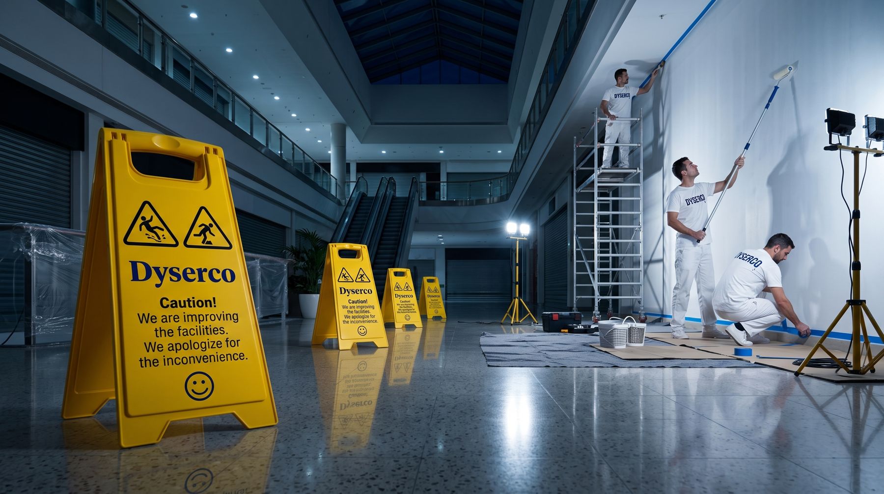 Pintors de Dyserco treballant de nit en un centre comercial tancat amb focus de treball
