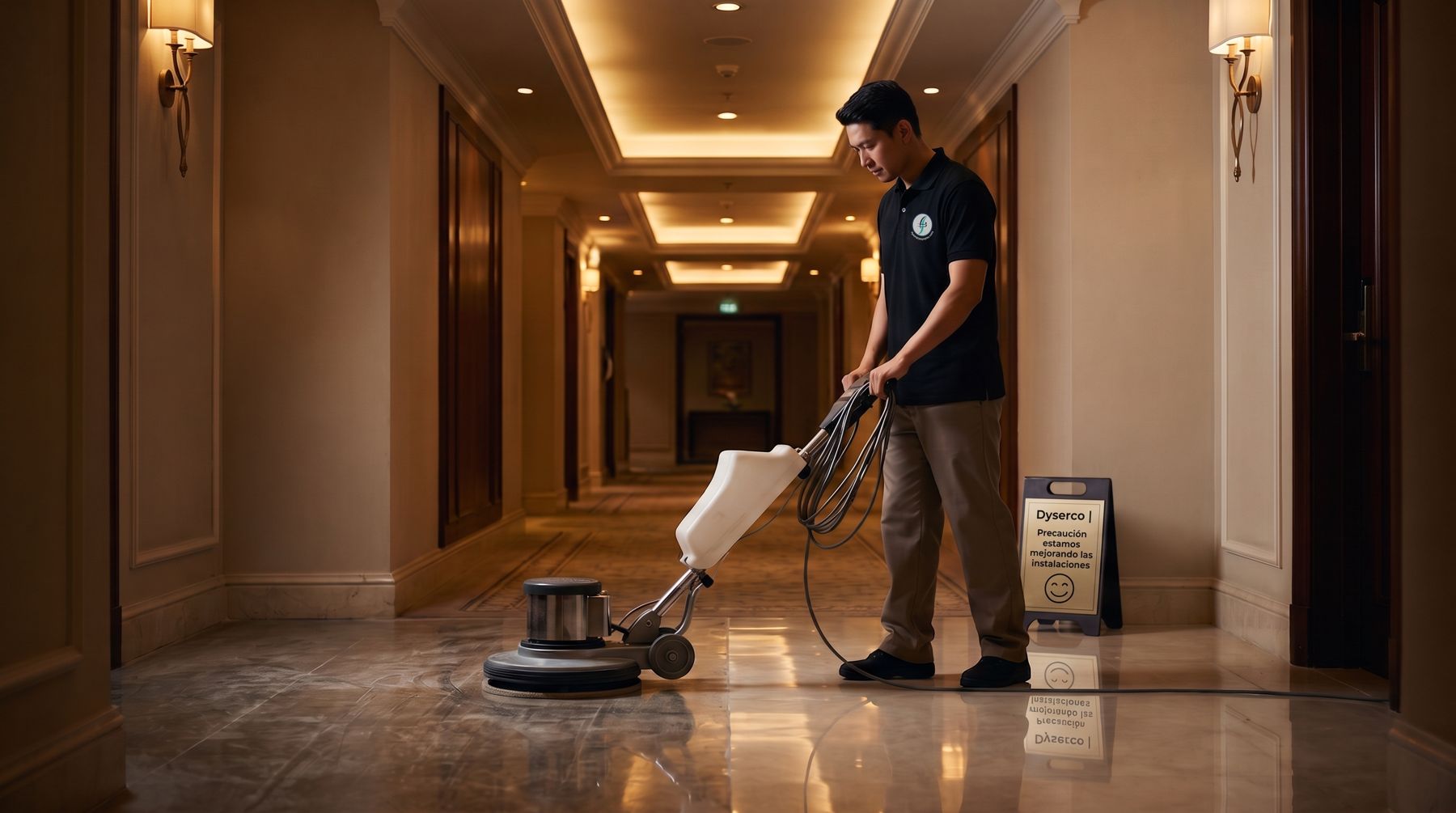 Pulido en seco dun corredor de hotel coa máquina monodisco e o sinal amarelo de Dyserco