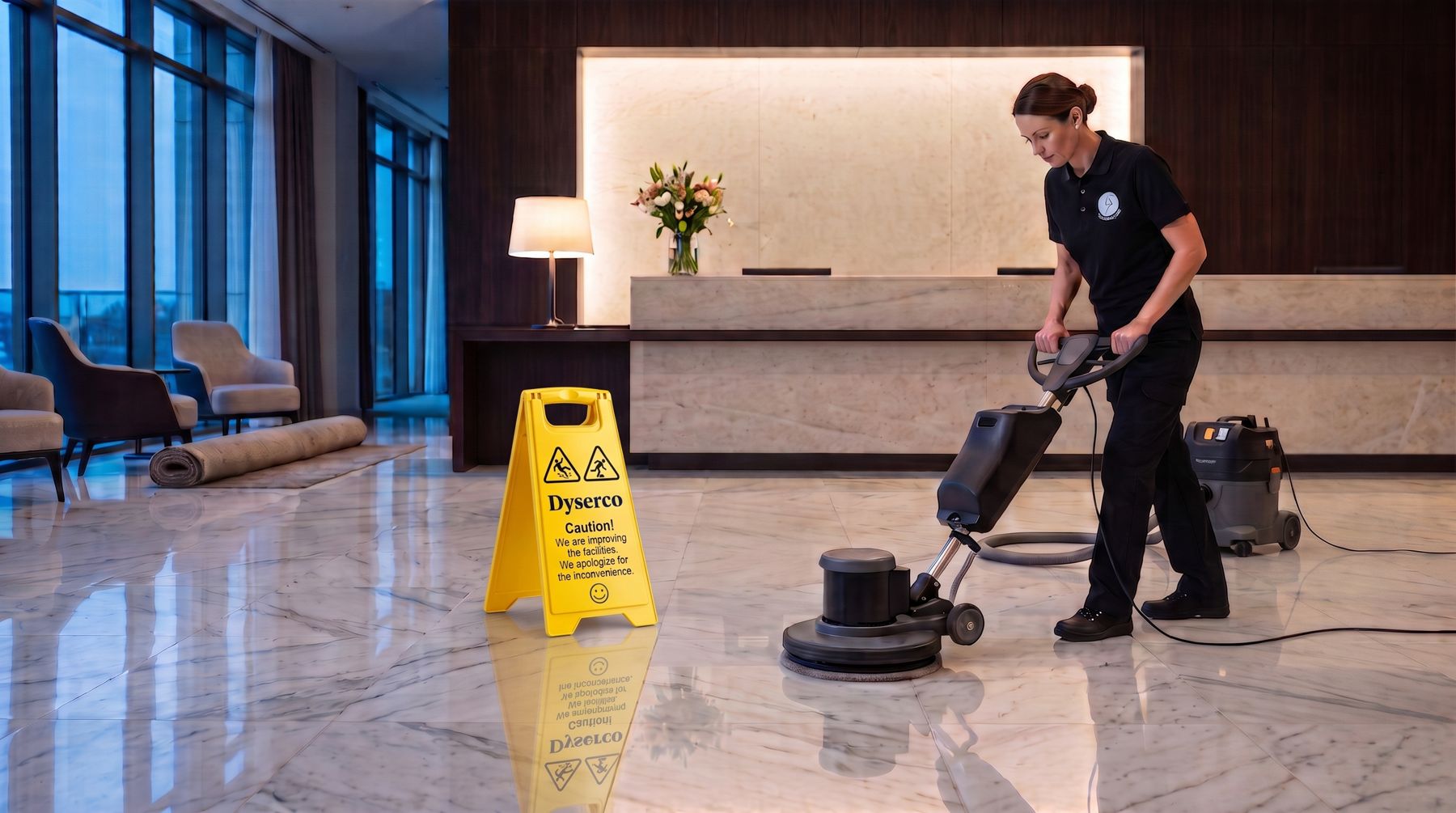 Operaria de Dyserco pulindo o chan de mármore dunha recepción de hotel, co sinal amarelo diante do mostrador