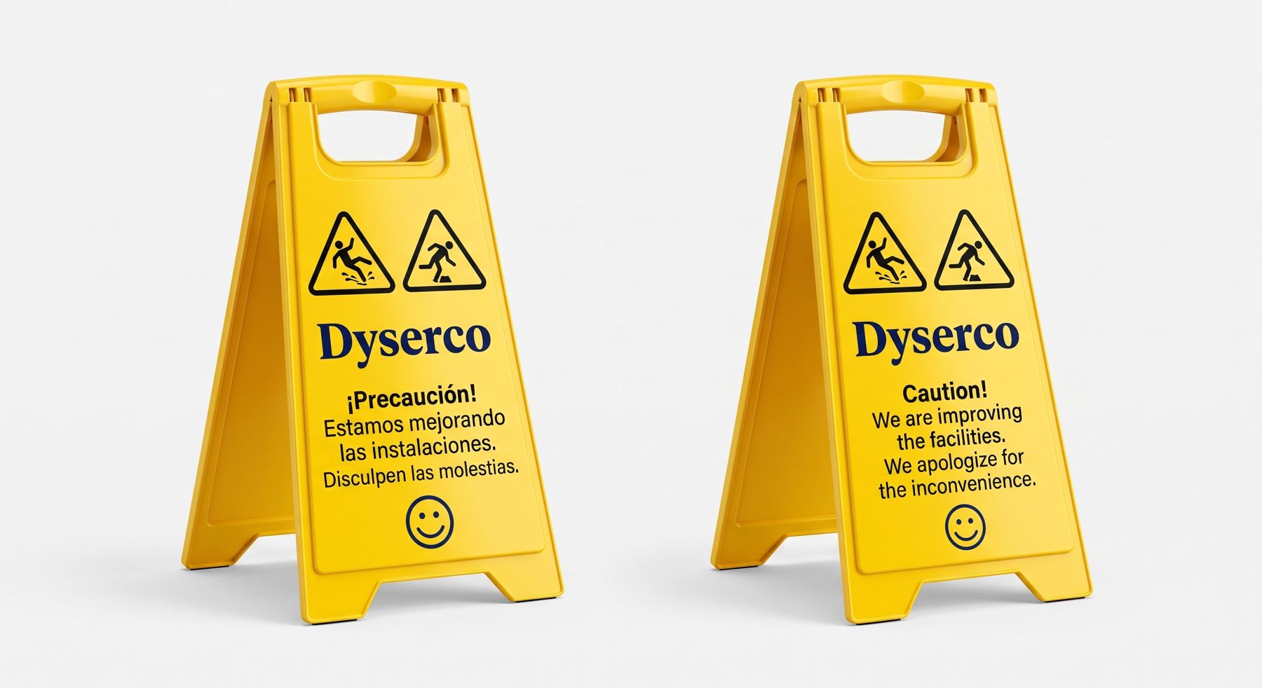 Cabalete amarelo de sinalización de Dyserco, cara en castelán e cara en inglés
