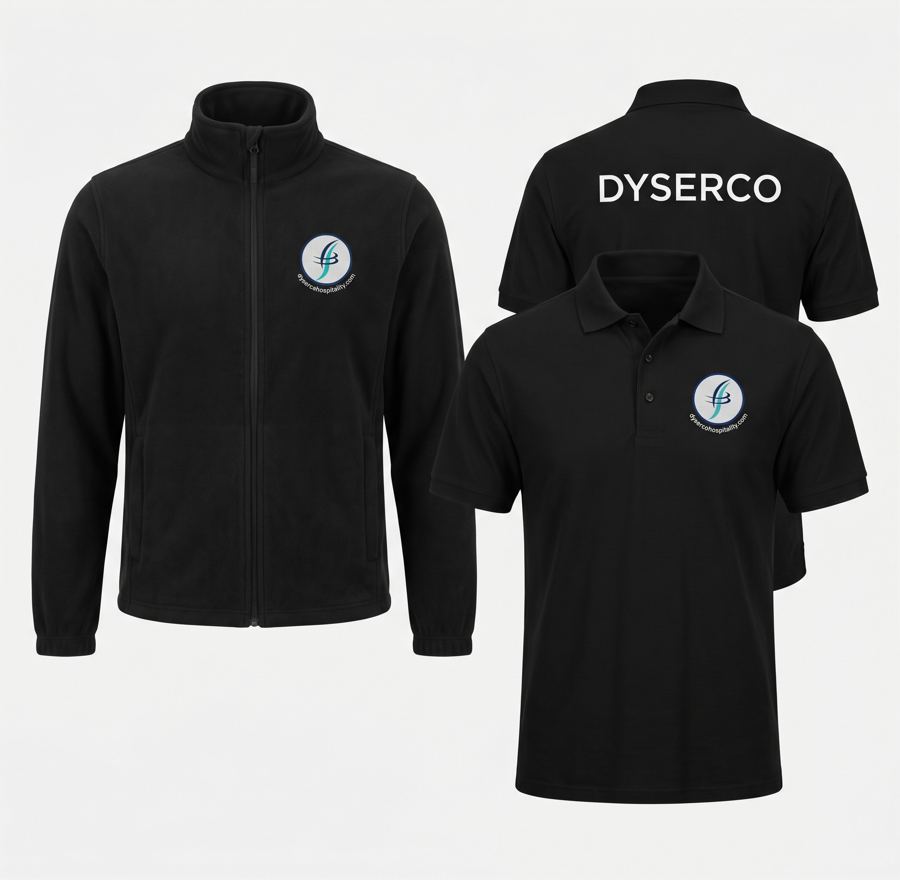 Polo e forro polar negros de Dyserco co monograma bordado e o nome nas costas